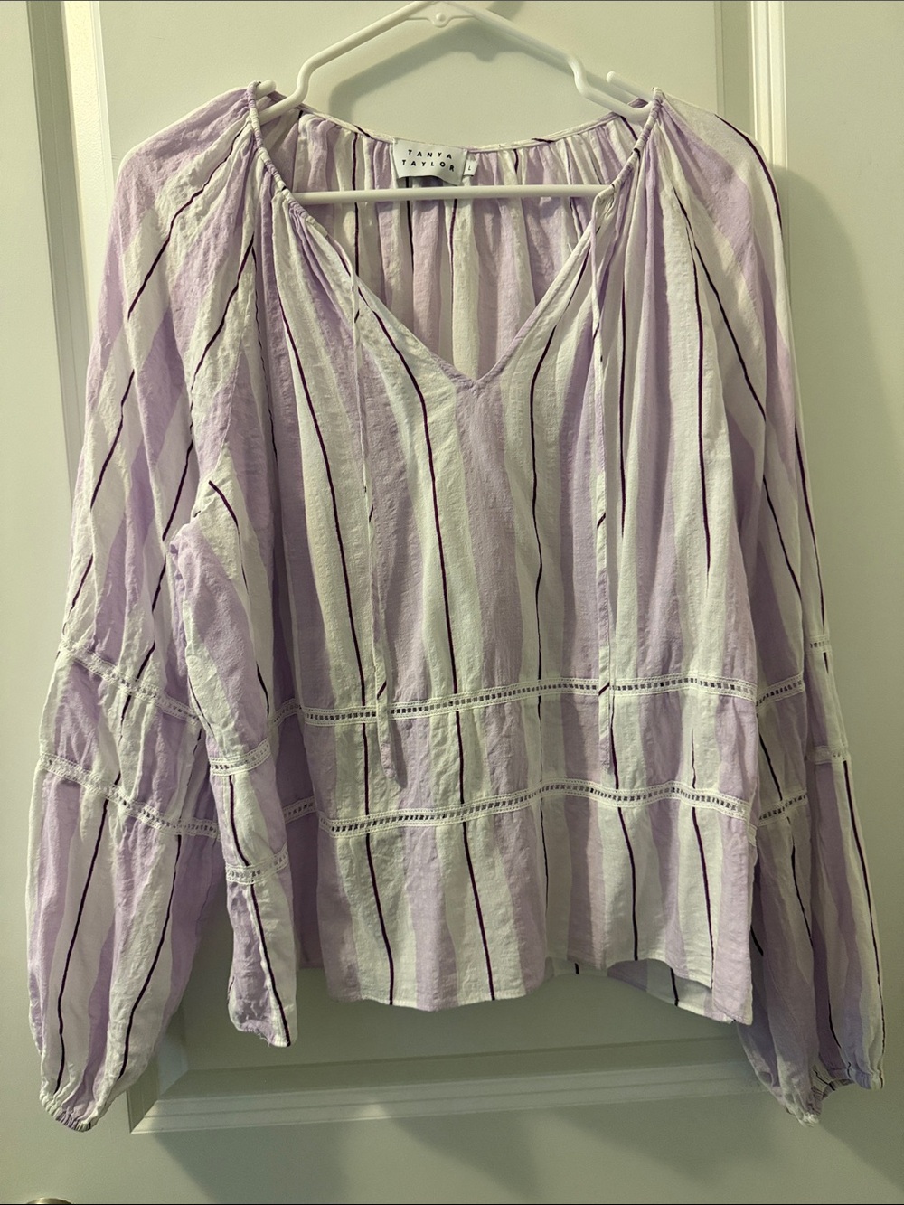 Tanya Taylor Lavender and White Striped Peasant Tunic